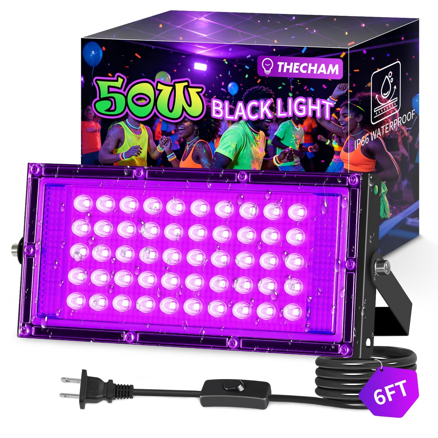 THECHAM 50W LED Black Lights IP66 Waterproof Black Light Outdoor with 6ft Plug+Switch,Flood Blacklight for Halloween Glow in The Dark Party Stage Light Neon Glow Birthday 1 Pack