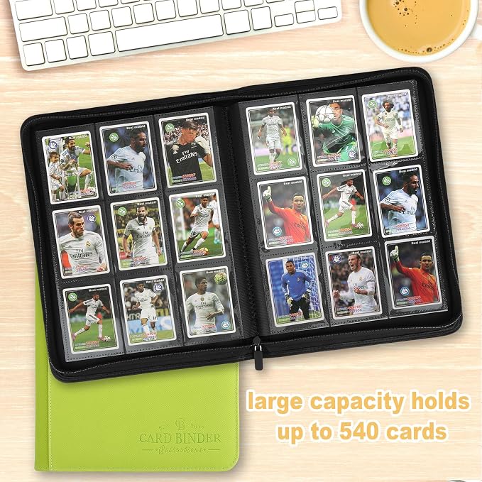 9 Pockets Card Binder,Premium Zip Trading Card Binder,540 Double Sided Pocket PU Collection Binder, Collector Album, Card Folder for MTG, TCG, Business Cards.(Grass Green)