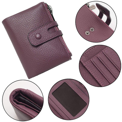 Bveyzi Small Soft Leather Wallet for Women RFID Blocking Ladies Card Holder with Double Zipper Pocket (Deep Plum)