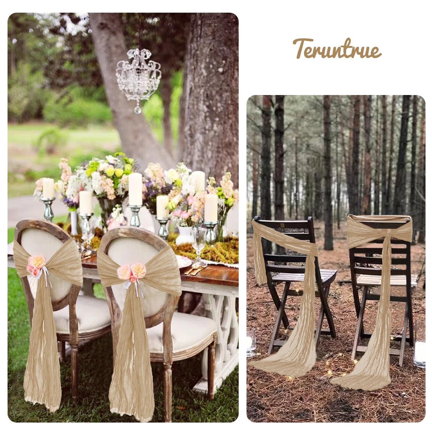 Teruntrue Cheesecloth Chair Sashes Aisle Decorations 20 Packs, Chair Bow Designed Decorative Chair Cover Chair Sashes 70 Inch for Wedding Reception Party Hotel Decoration(Beige)