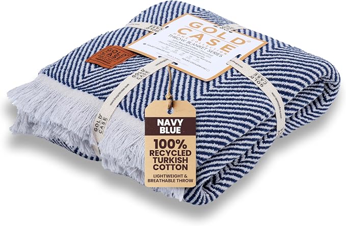 Gold Case Throw Blanket for Couch – 100% Recycled Turkish Cotton Blankets & Throws – Elegant Decorative Throw Blankets for Living Room Sofa – Woven Throws for Couch – Elegant Navy Blue – 50x60