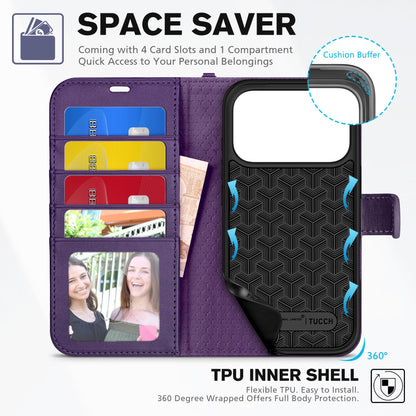 TUCCH Case Wallet for iPhone 17 Pro (6.3") 2025, Wrist Strap, Stand, RFID Blocking, 4 Card Holder, TPU Shockproof Shell, PU Leather, Magnetic Closure Folio Protective Cover, Deep Purple