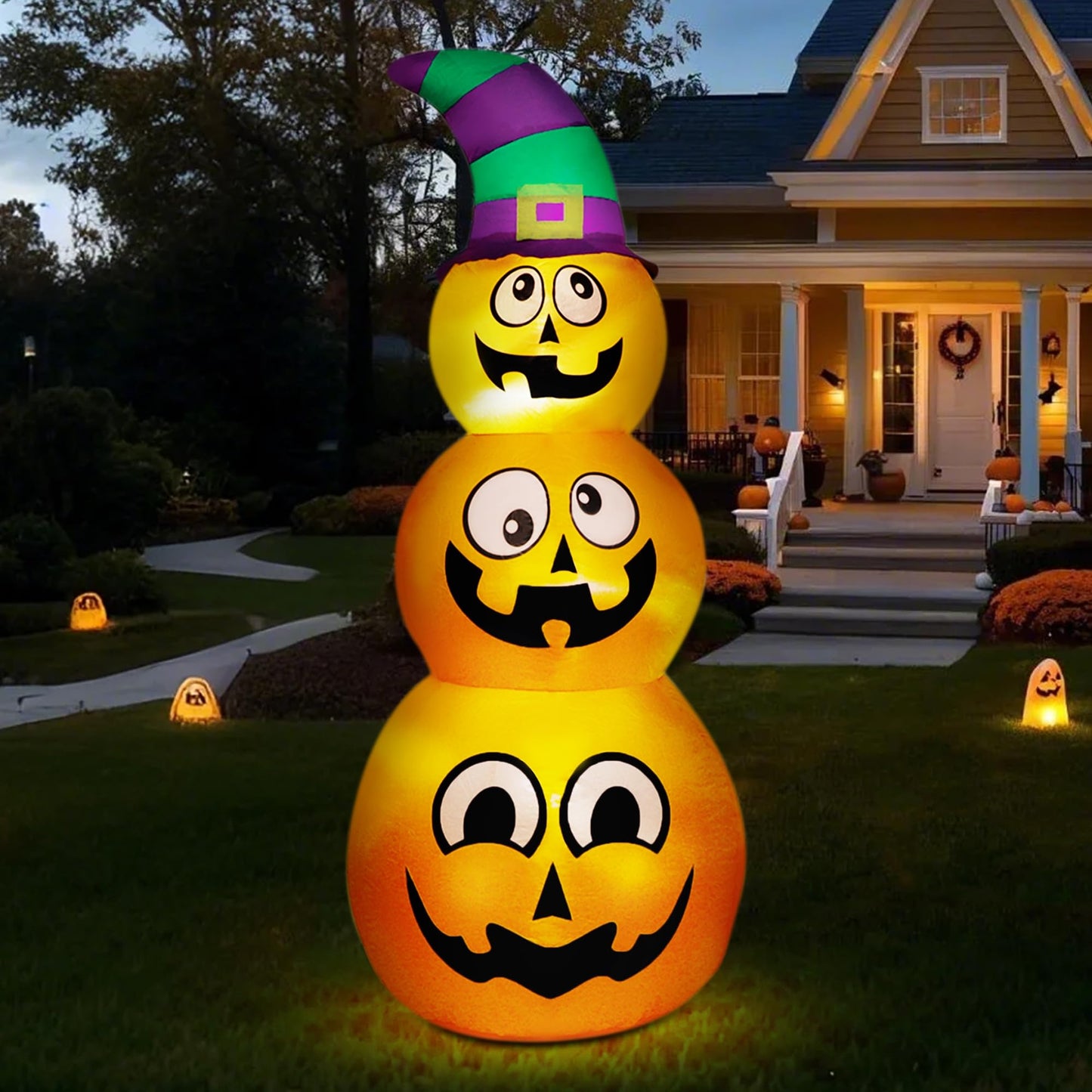 Prsildan Halloween Inflatables Stacked Pumpkins with Witch Hat, 5 Ft Blow up Outdoor Decoration with Build-in LED Lights for Garden Yard Lawn Holiday Party
