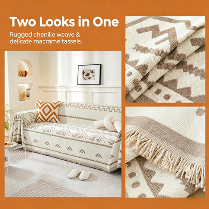 UWWGKK Boho Couch Cover for Dogs, Reversible Chenille Sofa Blanket with Tassels, Heavy Duty Geometric Slipcover for Loveseat, Recliner & L-Shaped Sectional, Beige/Brown, 71"x165"