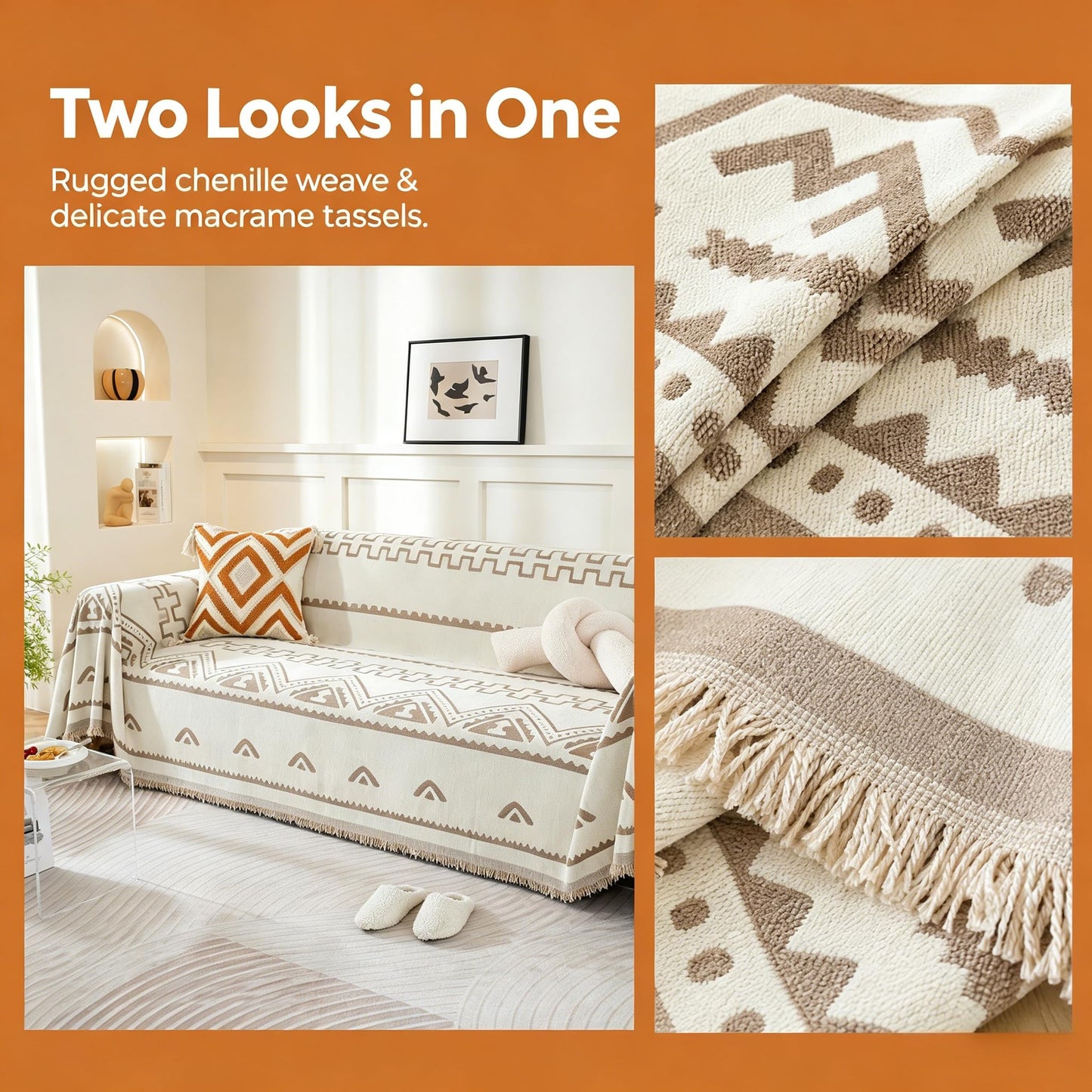 UWWGKK Boho Couch Cover for Dogs, Reversible Chenille Sofa Blanket with Tassels, Heavy Duty Geometric Slipcover for Loveseat, Recliner & L-Shaped Sectional, Beige/Brown, 71"x165"