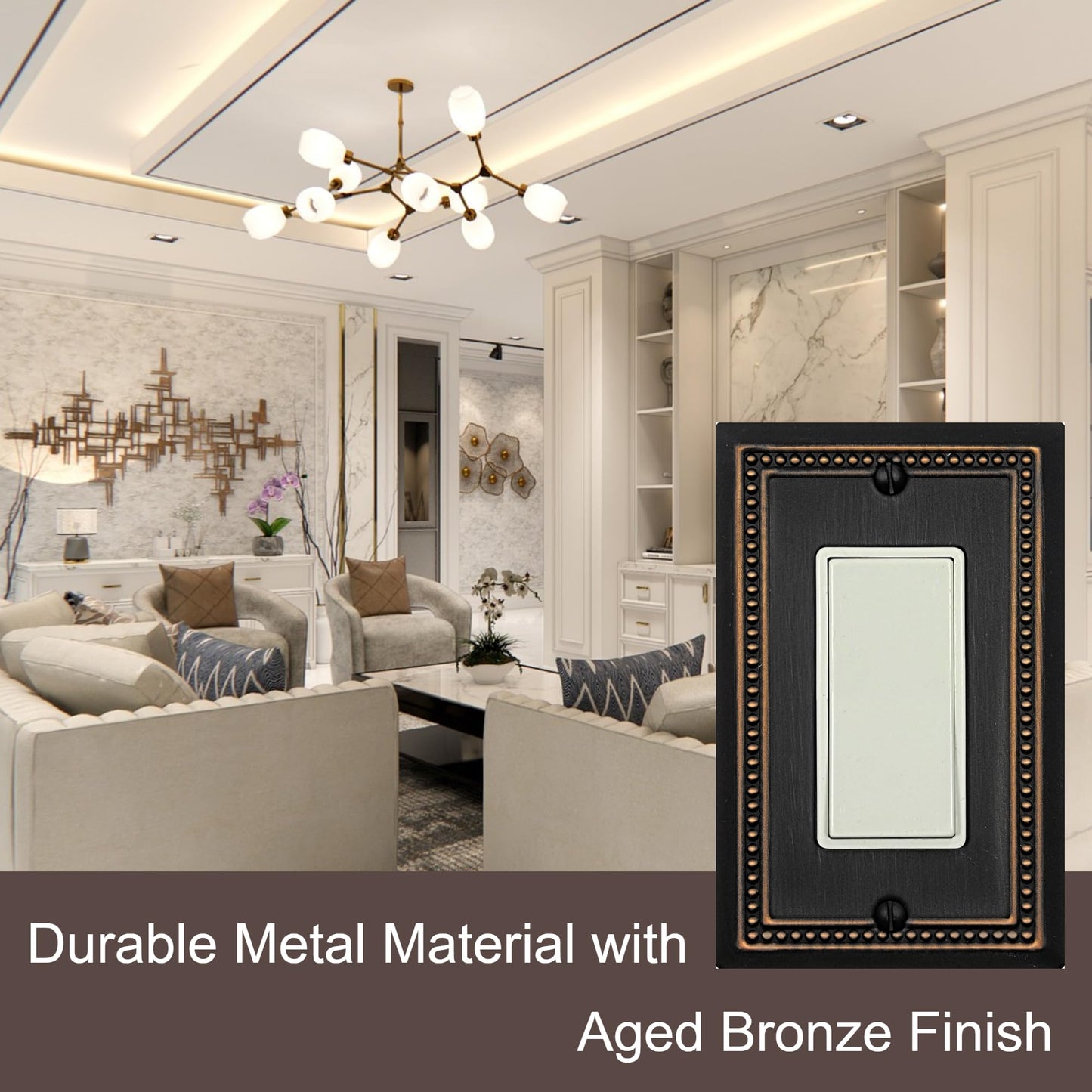 OKAWYC Single Decorator Light Switch Cover Belaire Beaded Metal Wall Plate, 4-Pack Aged Bronze 1 Gang Single Rocker Oil Rubbed Bronze Receptacle Dimmer Switch GFCI Outlet Decorative Wallplate, Durable