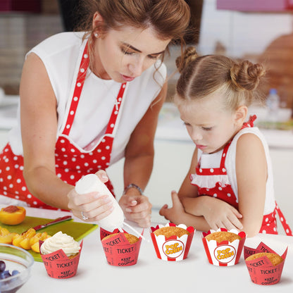 BUoonyer Popcorn Ticket Cupcake Wrappers - 80pcs Mardi Gras Pop Corn Muffin Liner Red White Baking Cup Cake Wrapping, Circus Theme Cake Wrap Supplies for Carnival Birthday Movie Night Party Decoration
