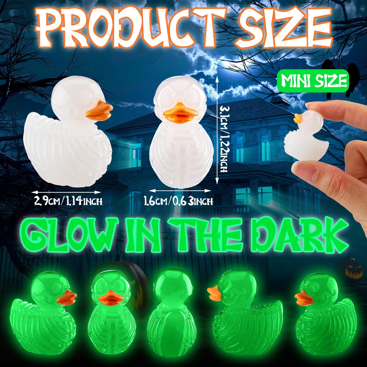 Quzzil 80 Pcs Summer Halloween Mini Cruise Duck Luminous Resin Spooky Tiny Skeleton Duck Figurines Glow in The Dark Decor for Party Favor Prank Game Dollhouse Aquarium Potted Miniature Landscape DIY