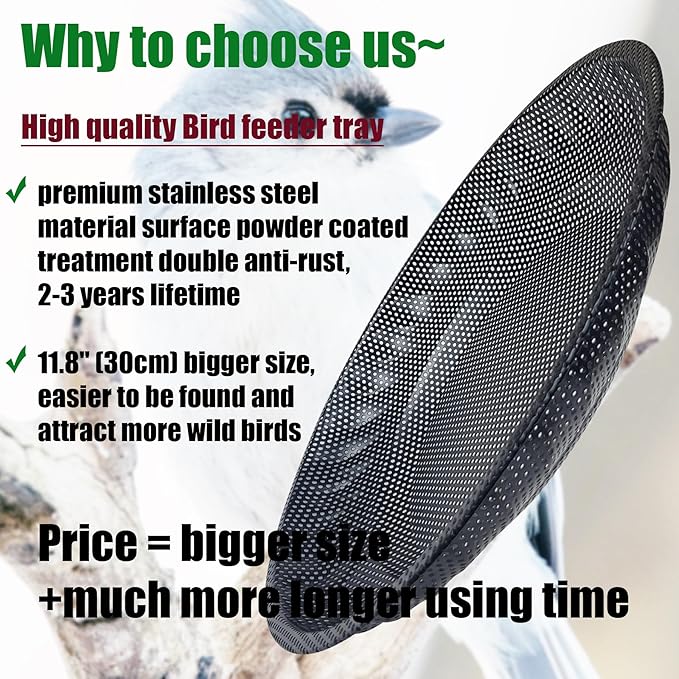 CQAIRIOU Wall Mounted Bird Feeder Tray,11.8" Stainless Steel Large Fence Tree Mount Birds Feeder for Outside Wild Birds, Table Mountable Platform Bird Feeder Mesh Seed Tray with Hanging Hook