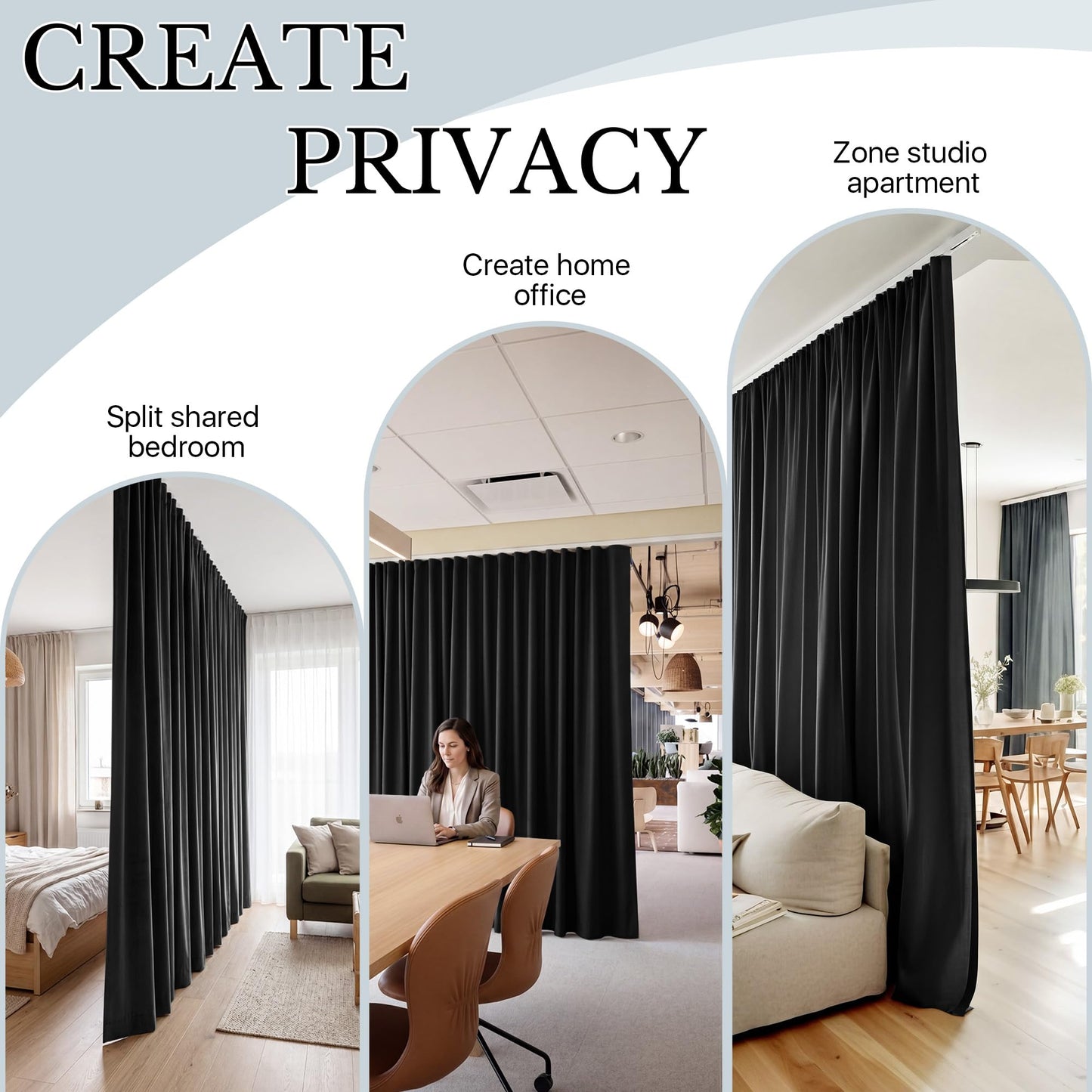 RYB HOME Room Divider Curtains with Flexible Bendable Track, Heavy Duty Blackout Privacy Drape Set for Curved Bedroom/Living Room Bay Windows/RV/Corner Partition, W100xL84, Black, 1 Panel