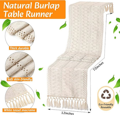 6 Sets Boho Decoration Placemats Round Woven Placemats, Cloth Napkins, Wood Bead Napkin Rings, Long Table Runner and Farmhouse Burlap Cotton for Table Kitchen (White,12x72)
