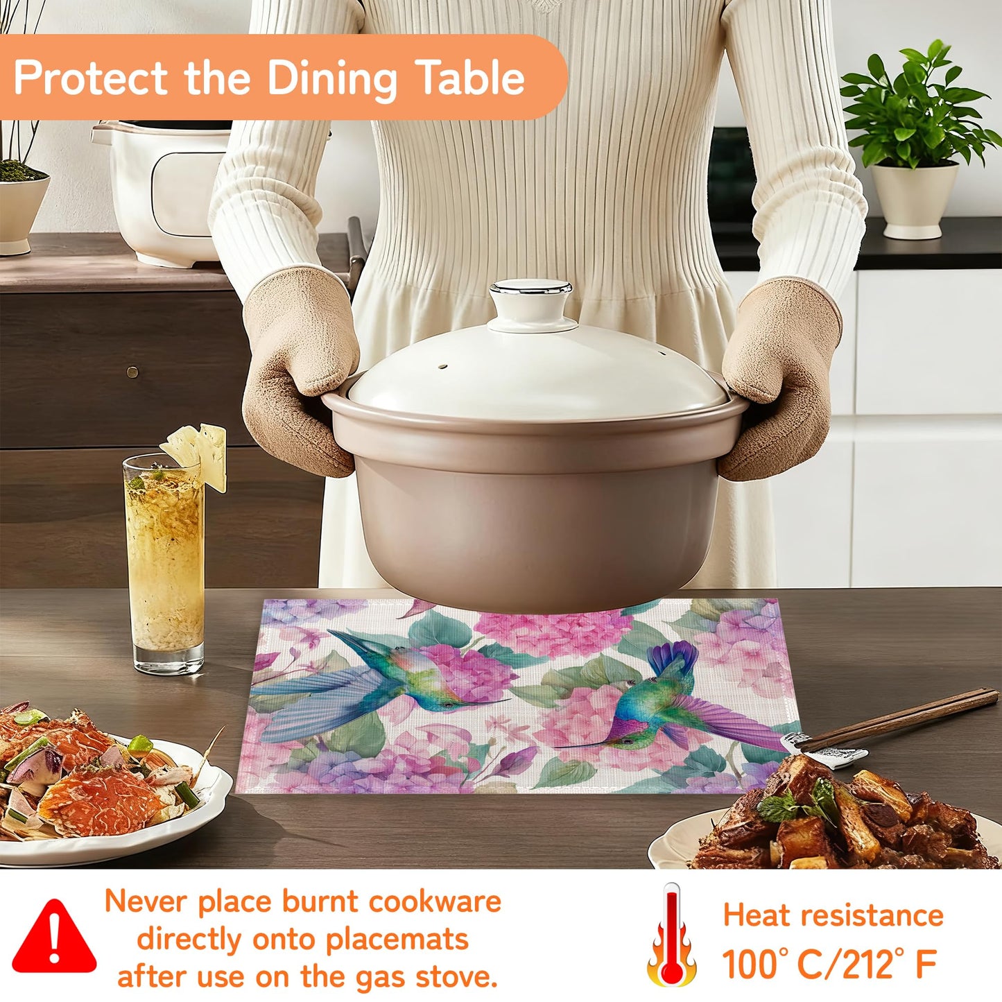 Hummingbird Placemat Set of 6,Flower Floral Heat Resistant Linen Table Mats for Indoor Outdoor Home Kitchen Dining Room Table 12x18Inch