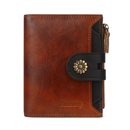 Blucoay Leather Wallet Women,RFID Blocking Womens Wallet Bifold Compact Small Wallet for Women Card Holder with Zip Coin Pocket Brownblack