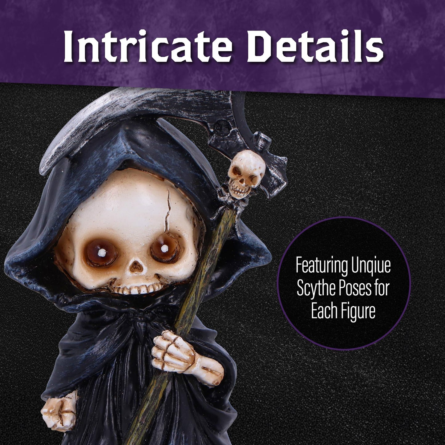 Nemesis Now Trio of Terror Mini Grim Reaper Figurines, Set of 3 Gothic Skeleton Statues, 3.5 Inch Halloween Decor for Shelves Desks and Creepy Gifts