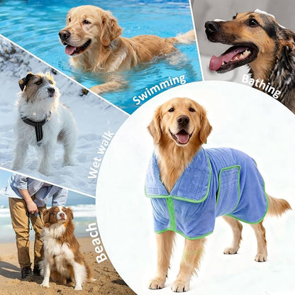 Soft Dog Bathrobe Fast Drying Dog Coat, Super Absorbent Dog Towels for After Bath, Microfiber Pet Robe Adjustable Collar & Belly Warm Keeping Dogs Coat for Pet Dogs & Cats (Blue, XX-Large)
