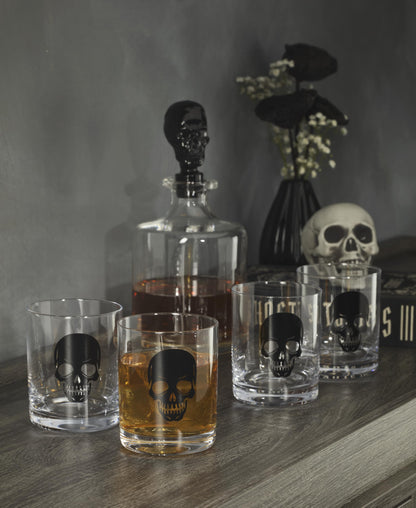 Oneida Barware, 5-Piece Skeleton Whiskey Set, 4 Drinking Glasses & 1 Decanter, Dishwasher Safe, Halloween Decor Indoor, Halloween Table Decorations for Party, Skeleton Themed (4 Glasses, 1 Decanter)