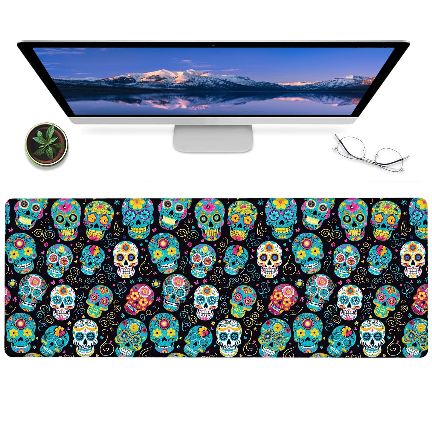 ainori Sugar Skull Gaming Mouse Pad,12x31.5in Non-Slip Rubber Day of The Dead Desk Mat,Large Extended Mousepad for Office Home Laptop,Halloween Mice Pads Gifts,Festive Game Lover Deskmat Decor
