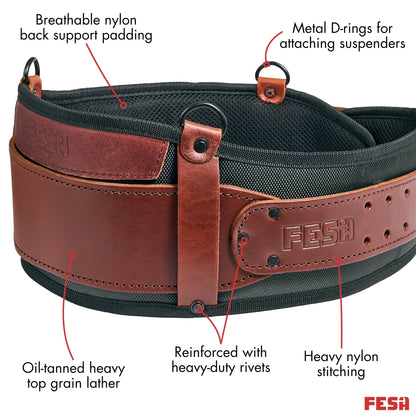 FESA Padded Tool Belt with Back Support - Padded Leather Tool Belt with D-rings for Suspenders - Perfect for Electricians, Carpenters & Framers - Adjustable from 37"-44" - Handcrafted (Cherry)