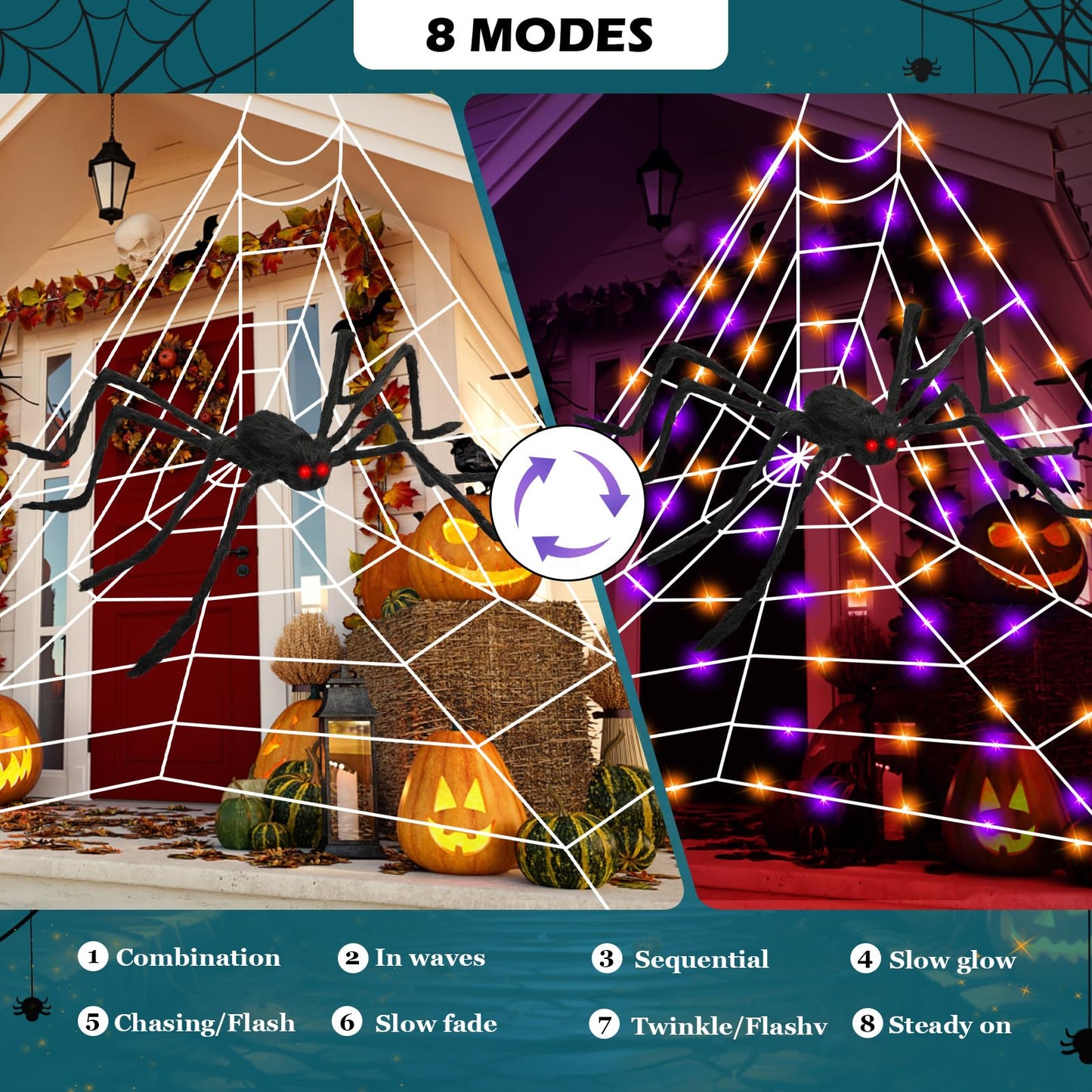 Halloween Giant Spider Web Lights, Spider Web Decoration with 50" Plush Spider & Stretch Cobweb, Powered by Adapter Plug, Remote Control 8 Lighting Modes, Perfect for Scary Halloween Yard Decorations