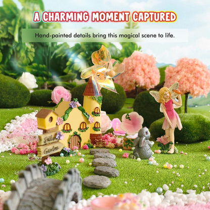 DONABELA Fairy Garden Kit Pink Mini Windmill House Decor Set Rabbit Flower Pot Supplies Signpost CD Player Resin Figurines Accessories Gift Indoor Outdoor Yard