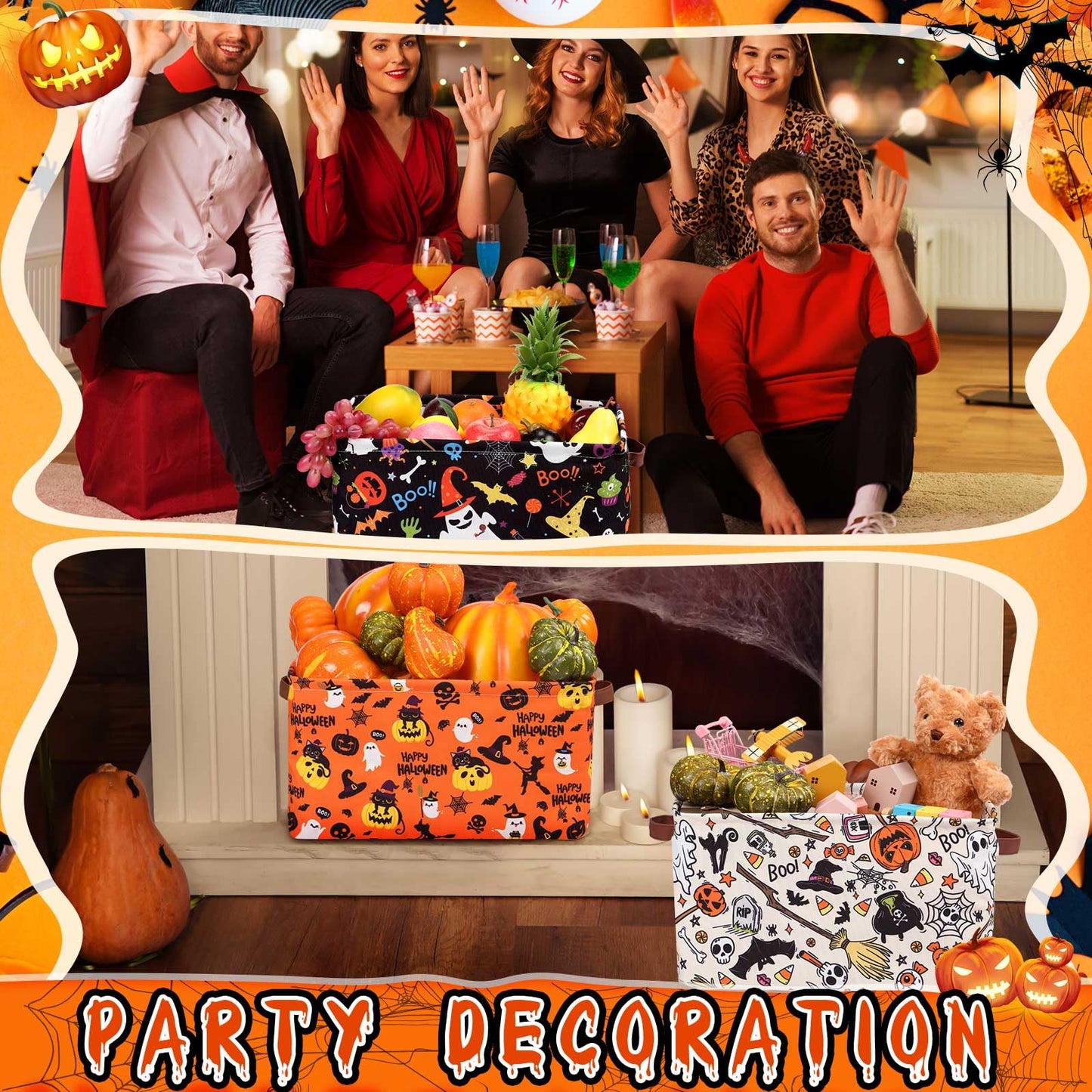 Boao 3 Pack Halloween Ghost Basket with Handles Collapsible Large Canvas Storage Baskets Boo Spooky Skull Pumpkin Cat Foldable Storage Bins Organizer Bins for Trick or Treat Gifts Bedroom Home Office