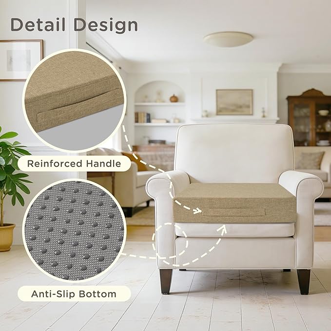 Recliner Cushions for Elderly 20x20x4 Inch Thick Large Recliner Seat Cushion with a Handle Square Non Slip Chair Pads with Washable Cover for Couch Armchair Chairs Beige