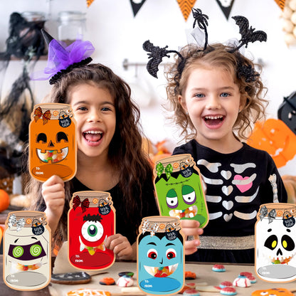 TICIAGA 48set Halloween Treat Bag Fillers with Gift Cards Happy Halloween Mason Jar Candy Holder for Kids DIY Halloween Skull Black Cat Candy Card Gifts Happy Halloween Trick or Treat Party Favors
