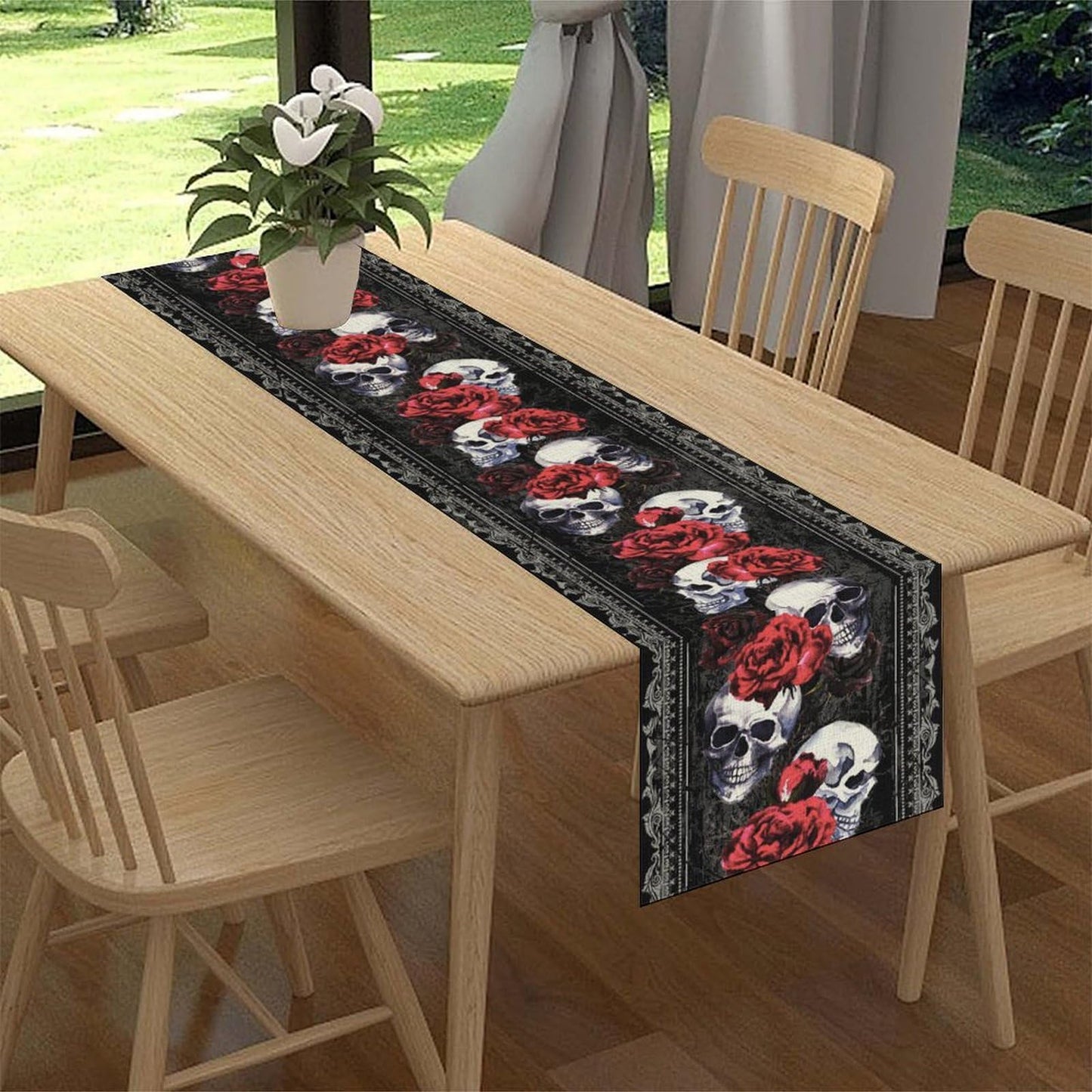 Gothic Table Runner, Rustic Dark Skull Damask Red Floral Flower Day of The Dead Halloween Retro Table Center Decor for Home Kitchen Dining Holiday Party Indoor Outdoor Table Decorations, 13" x 72"