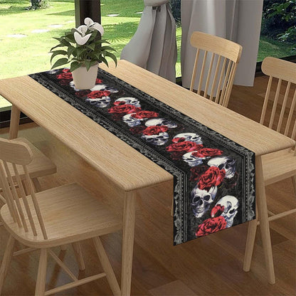 Gothic Table Runner, Rustic Dark Skull Damask Red Floral Flower Day of The Dead Halloween Retro Table Center Decor for Home Kitchen Dining Holiday Party Indoor Outdoor Table Decorations, 13" x 72"