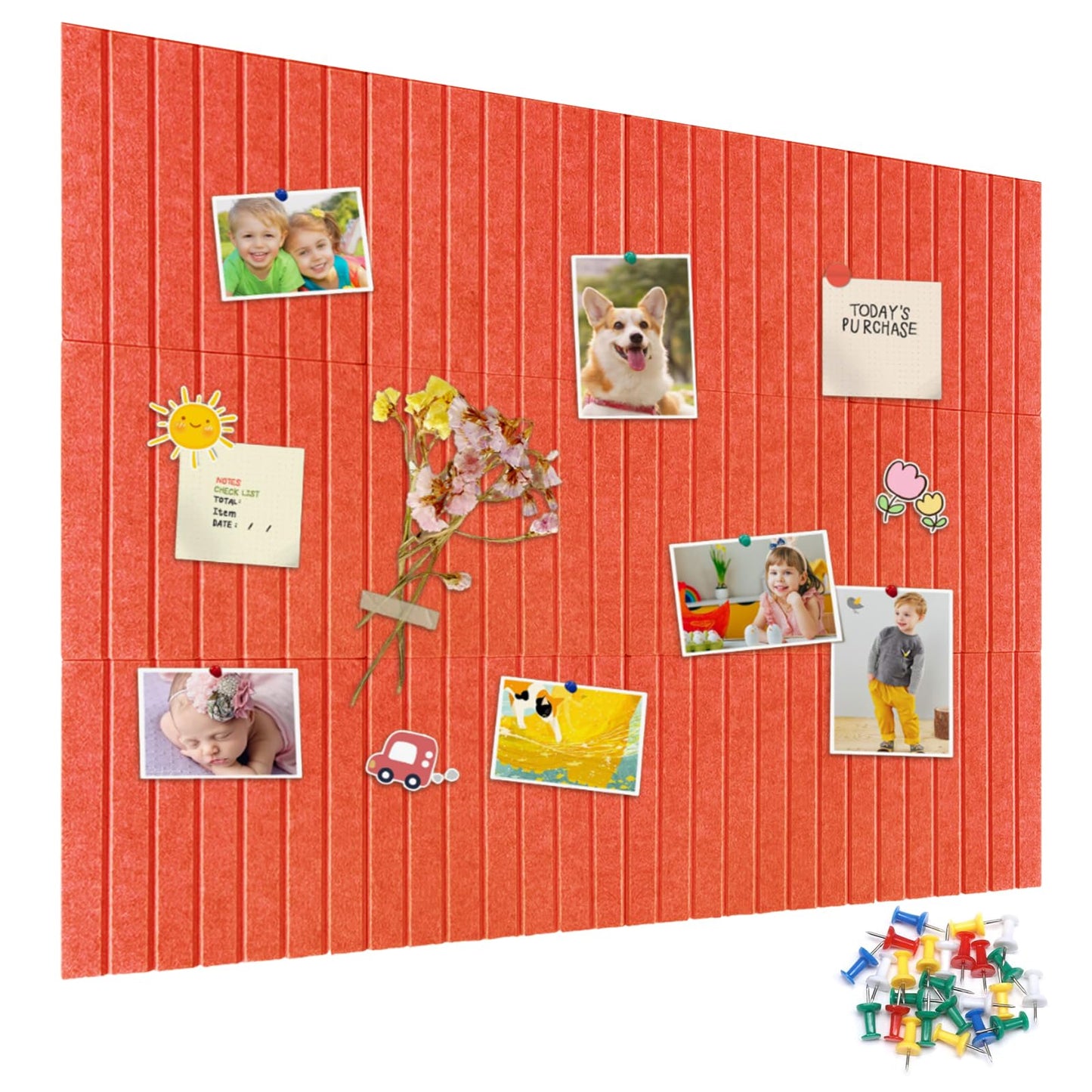 15 Pack Felt Bulletin Board, 35" x 59" Large Orange Pinboard with 30 Push Pins, Felt Pin Board, Self-Adhesive Cork Board Tiles for Home, Office Walls, School Classroom Message Photos Display