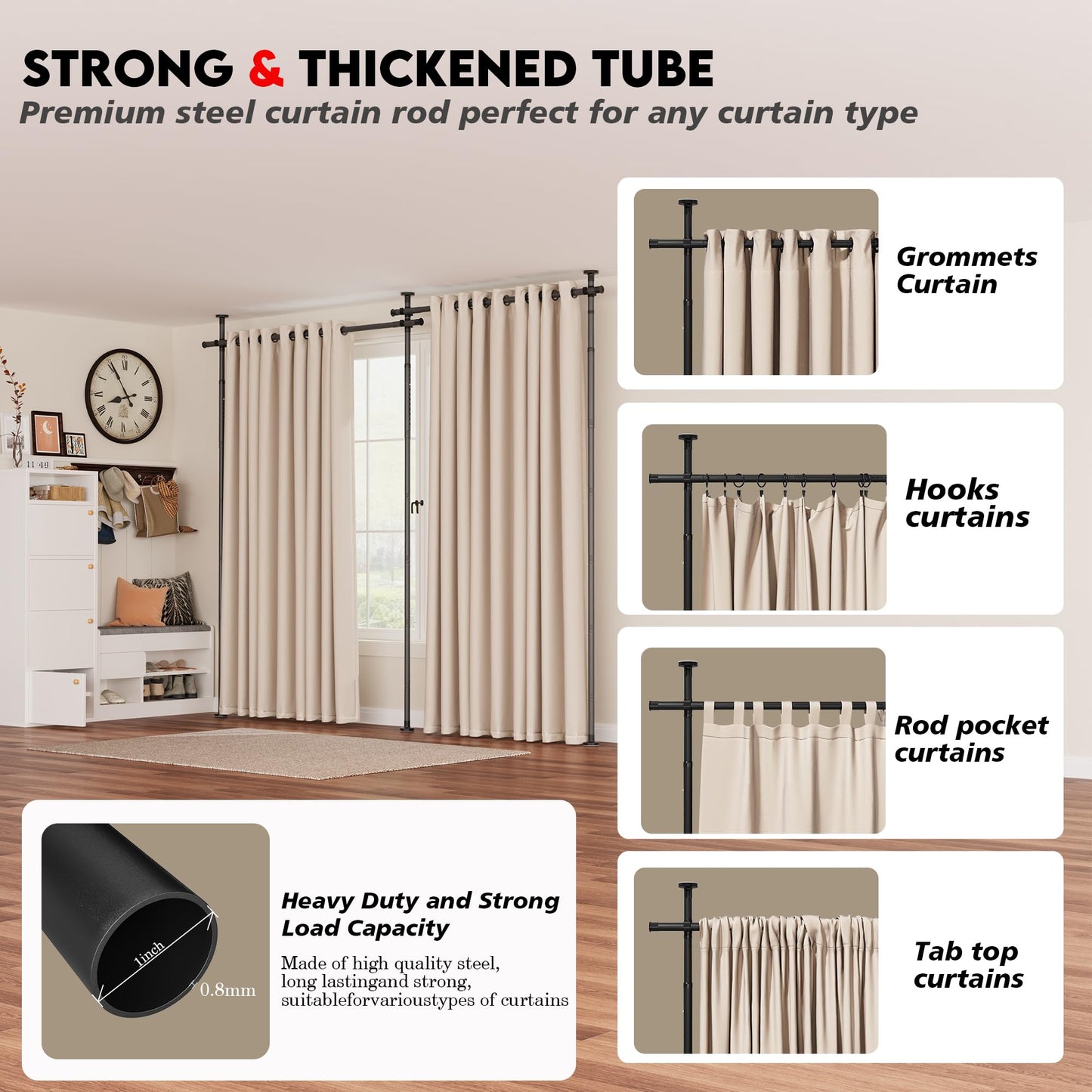 Curtain Rods No Drilling for Room Divider, Tension Curtain Rod 180in Wide Adjustable Wall Divider for Window Heavy Duty Partition Room Dividers Separation, Floor to Ceiling Space Privacy Separator