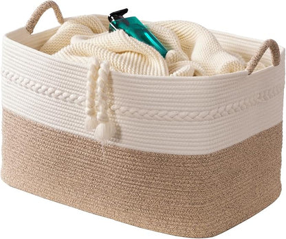 Extra large laundry basket woven from natural cotton rope with handles storage blankets for living rome big decorative quilted baskets for clothes toys pillows hamper 24"x16"x14" white/brown