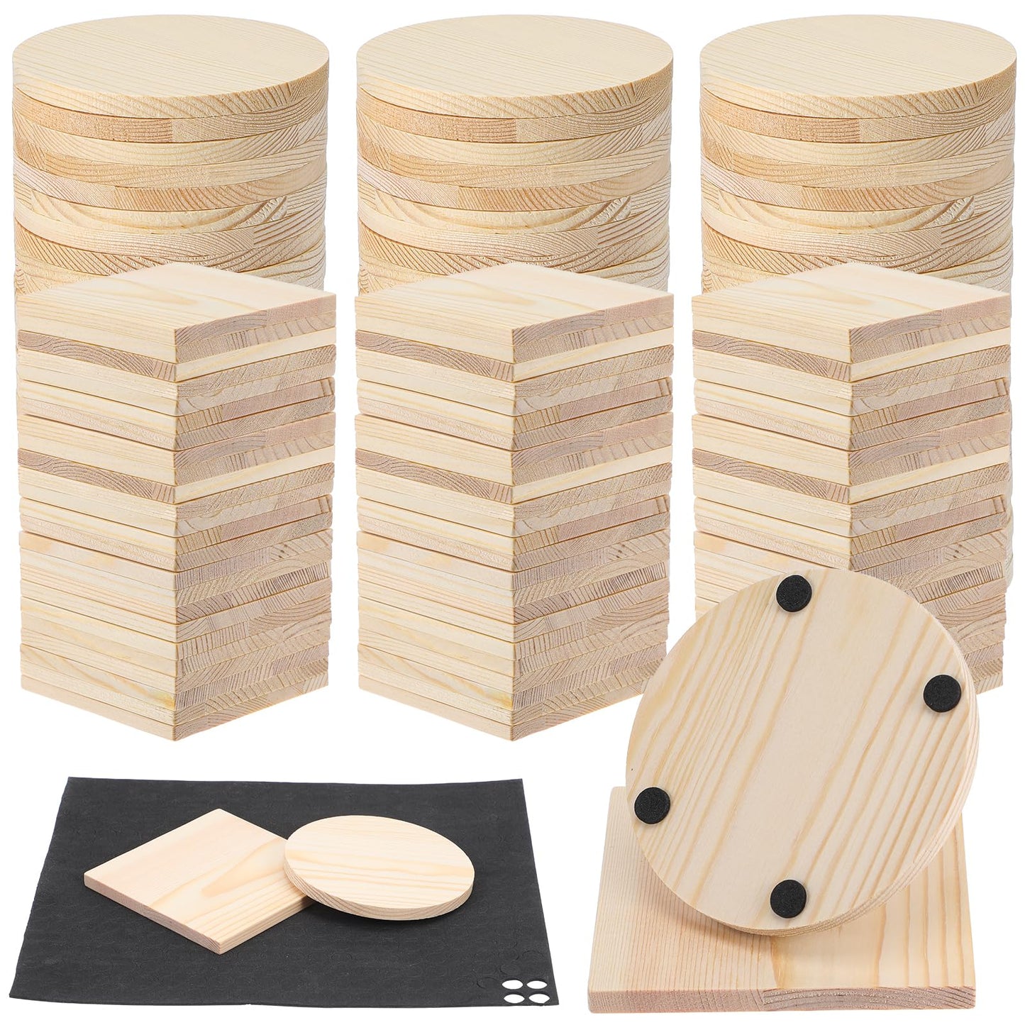 HJZHII 100 Pcs Unfinished Wood Coasters, 4 Inch Blank Wooden Coaster with Non Slip Foam Pad for DIY Stained Drawing Painting Wood Crafts Engraving Home Decoration Supplies(Round, Square)