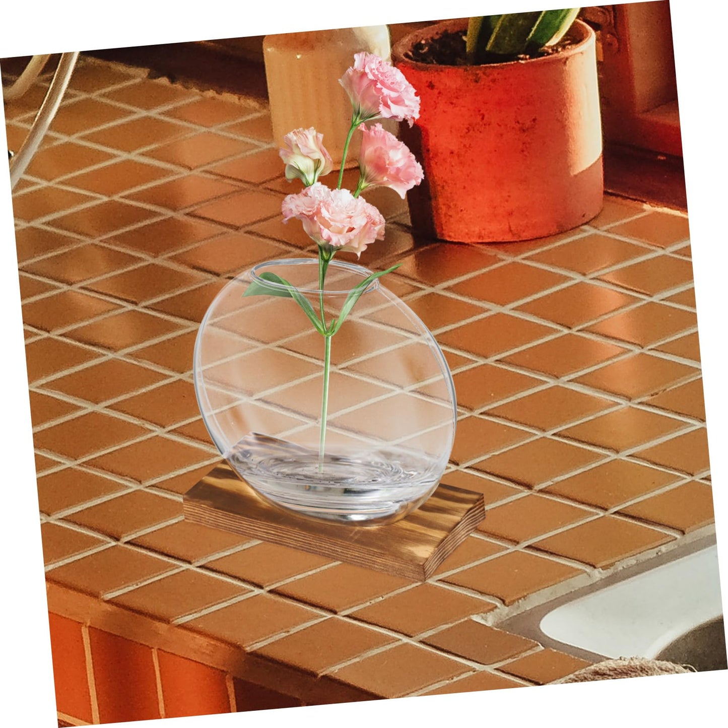 YOSADIER 2Sets Clear Glass Planter with Wooden Base Elegant Small Terrarium Vases for Home Office and Event Decor for Hydroponic Plants Like and African Violets