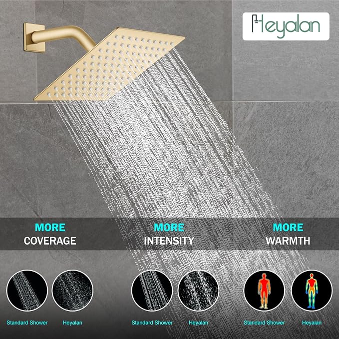 Heyalan Shower Faucet Set with Valve, Bathroom Rainfall Shower System, Wall Mount Single Handle Shower Trim Kit, Rainfall Fixed Shower Head, 8 Inch Square Shower Head,Brushed Gold