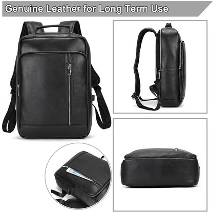 Yevabo Genuine Leather 15.6 Inch Laptop Backpack for Men, Multi Pocket Slim Daypack Shoulder Bag with Trolley Sleeve for Business Travel (Black)