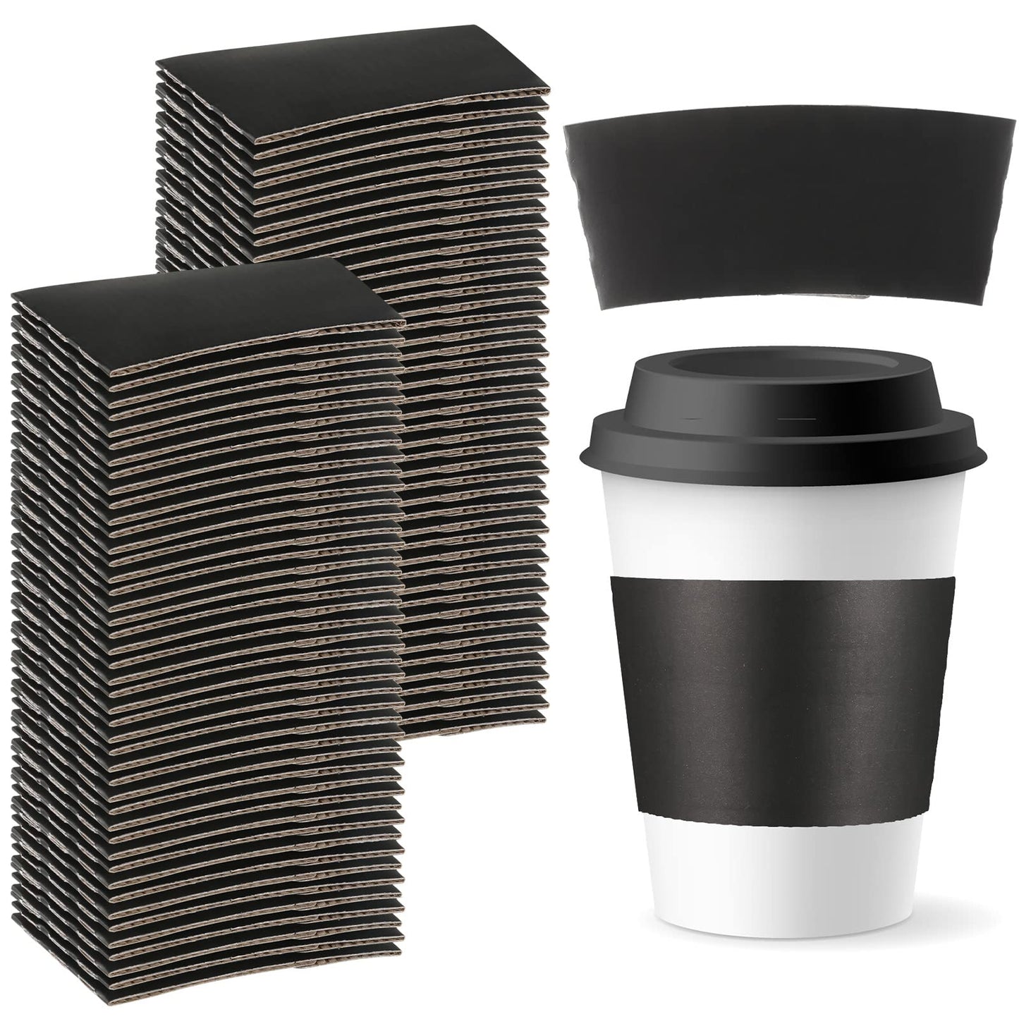 Thenshop 100 Pcs Black Coffee Sleeves Disposable Coffee Cup Sleeves Corrugated Kraft Paper Cardboard Protective Hot and Cold Insulator, Fits 12, 16, 20, 22, 24 oz Drink Beverage Cups