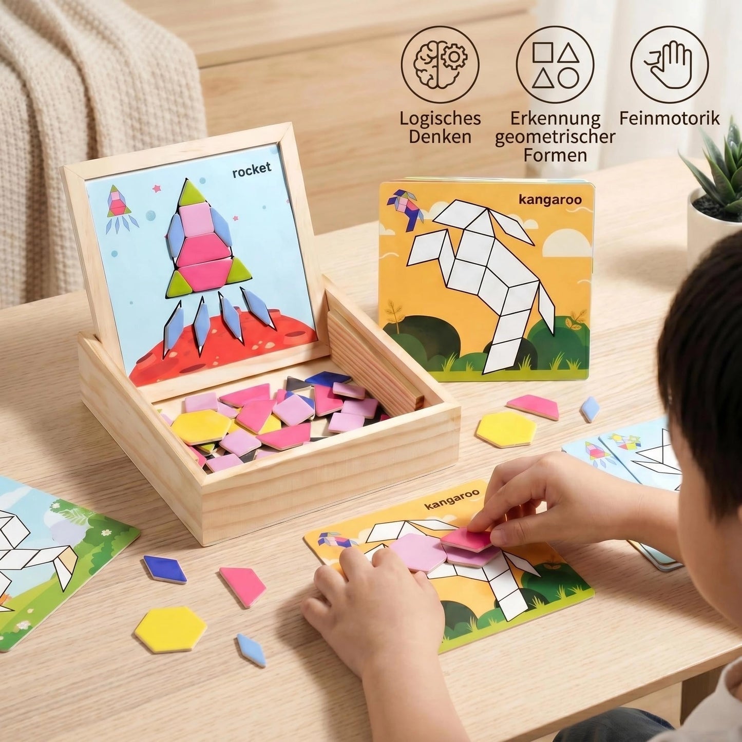 Magnetic Pattern Blocks Wooden Geometric Shape Puzzle Toy for Kids Toddlers Age 3-8 Montessori STEM Learning Educational Game 75Pcs Tangram with Storage Box Travel Gift Classroom Whiteboard