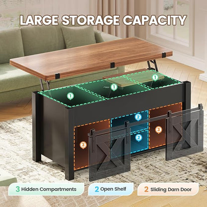 SEDETA Lift Top Coffee Table, 4 in 1 Multi-Function Convertible Coffee Tables with Storage and Hidden Compartment, Farmhouse Coffee Table Converts to Dining Table for Living Room, Black Brown