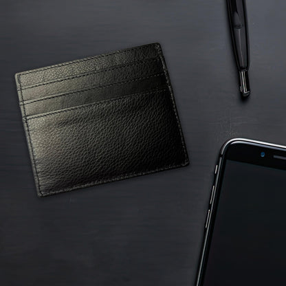 6 Card Minimalist Wallet for Men & Women - Genuine Leather Ultra Thin Black Credit Card Holder - Compatible with Amex Cards