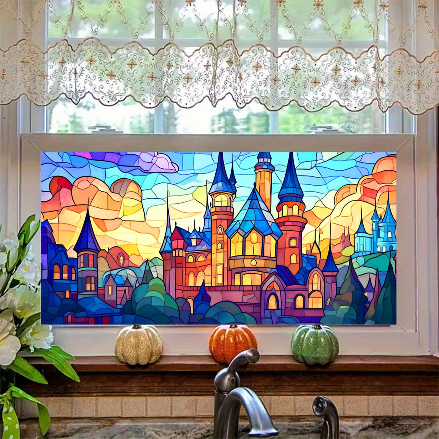 HOMETITUTE Stained Glass Castle Pattern Rainbow Window Film 39.3x17.7 inches Non-Adhesive Removable Reusable for Glass Door Home and Office Bedrooms PVC Static Cling Sticker