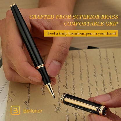 BEILUNER Black Personalized Pen,Stunning Luxury Lacquer With 24K Gold,Schneider Ink Refills,Multiple Fonts To Custom Rollerball,Gift Pen For Men & Women,Executive,Graduation,Christmas,Nice Pens