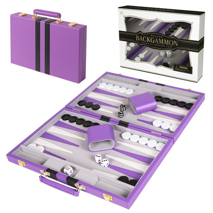 Premium Backgammon 18 Inches Large Purple - Backgammon Sets for Adults and Kids - Leatherette Back Gammon Board Game Set - Travel Backgammon Set Board Encased with Accessories