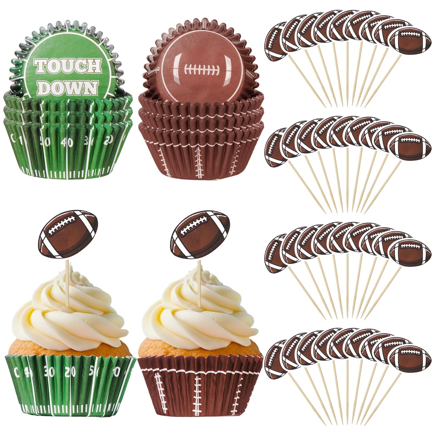 Glavatrix Football Cupcake Liners and Toppers, 200PCS Touch Down & Football Pattern Baking Cups Muffin Wrappers with 36PCS Cupcake Picks for Sports Game Day Baby Shower Birthday Party Cake Decorations