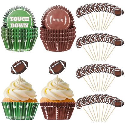 Glavatrix Football Cupcake Liners and Toppers, 200PCS Touch Down & Football Pattern Baking Cups Muffin Wrappers with 36PCS Cupcake Picks for Sports Game Day Baby Shower Birthday Party Cake Decorations