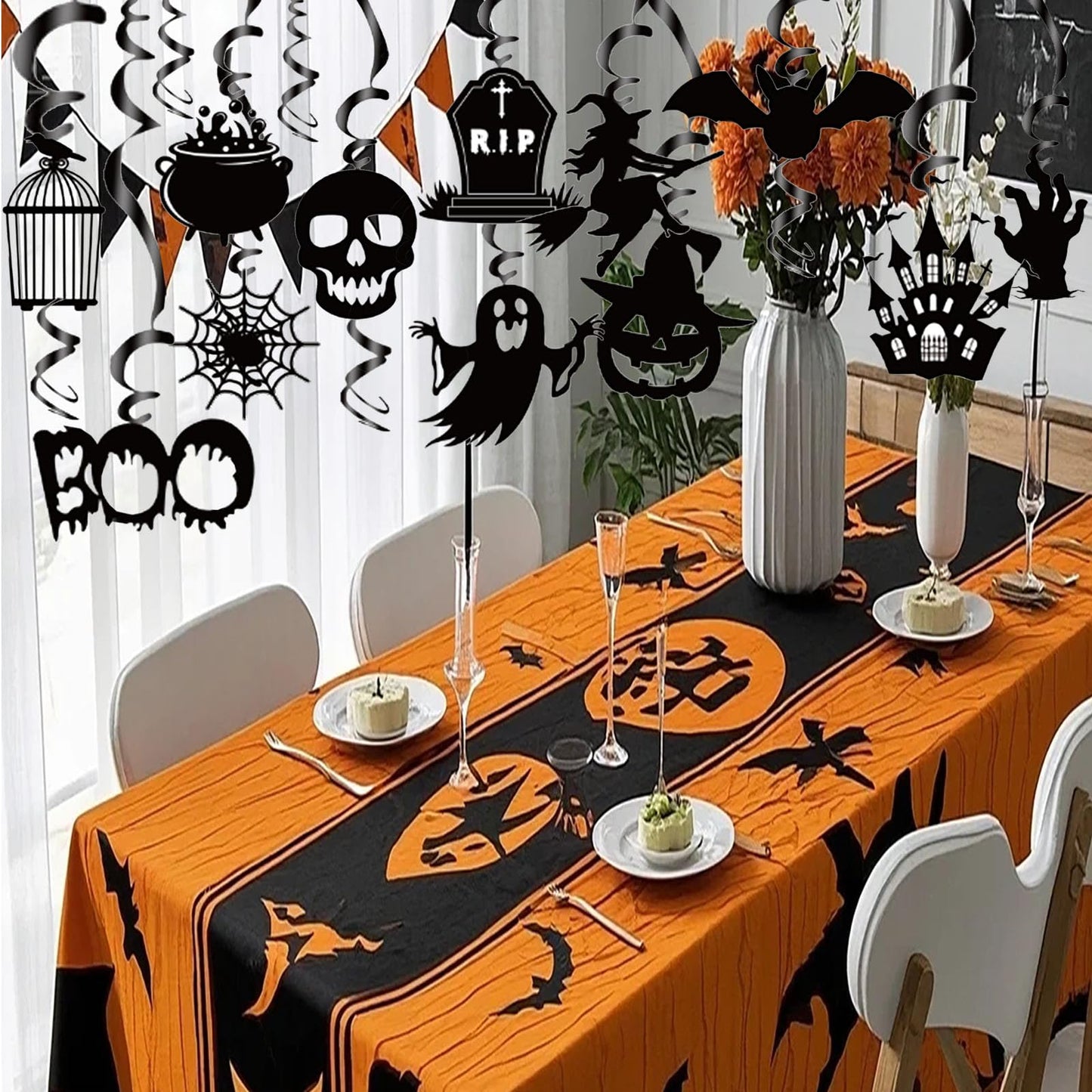 Halloween Hanging Swirls Decorations, LMSHOWOWO 30PCS Foil Hanging Ceiling Swirls Streamers with Black Spooky Ghost Witches Bat for Halloween Home Classroom Office Tree Door Porch Ceiling Decor