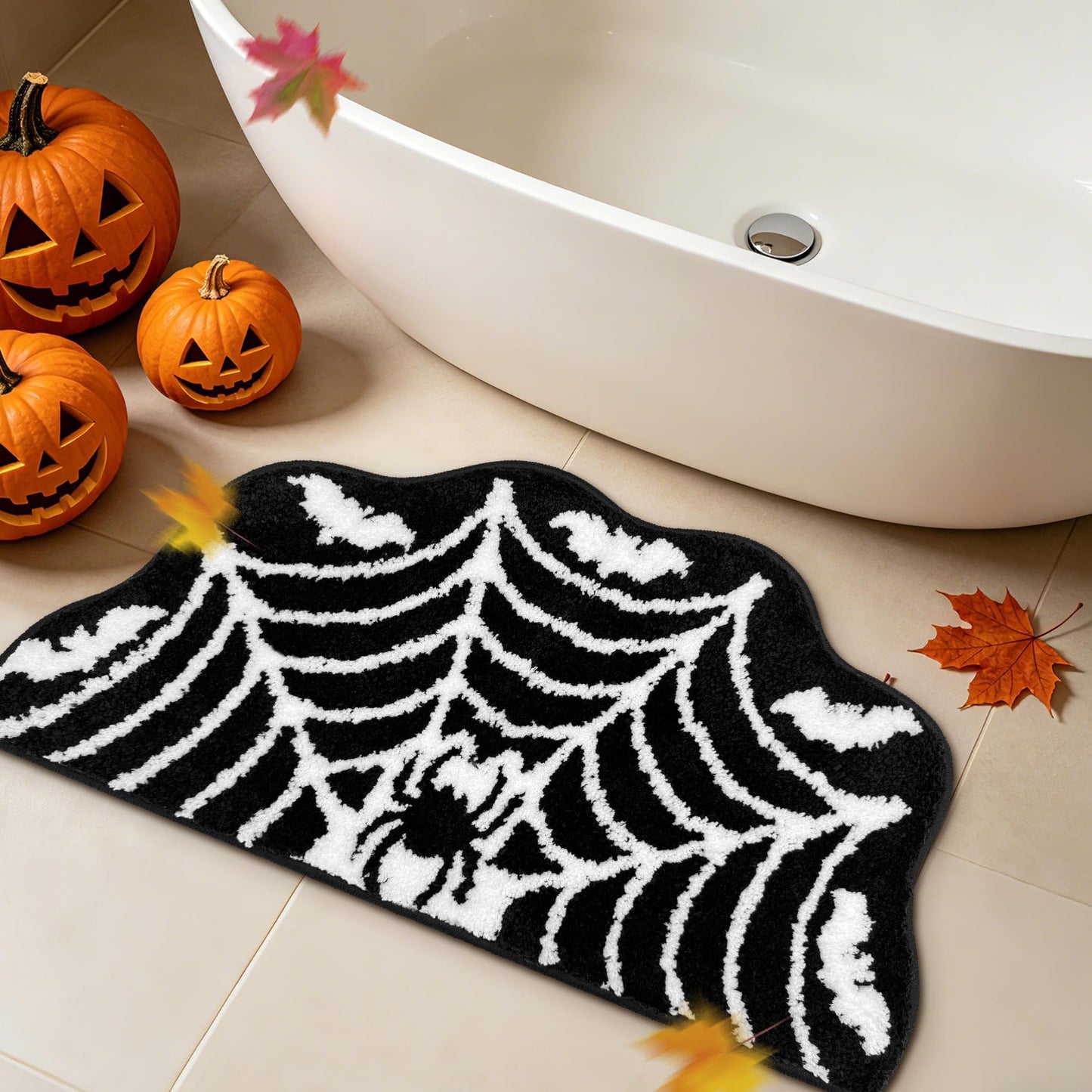 Hexagram Spider Web Bath Mat, Halloween Bathroom Rug 14x27.5 Inches, Halloween Rugs Bathroom Decor, Black Gothic Bath Mat, Ultra Soft Great Absorbency
