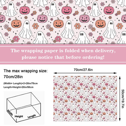 12 Sheets Halloween Wrapping Paper - Not Roll - Pink White Ghost Pumpkin Gift Wrap Paper Folded Flat Cute Art Paper for DIY Crafts, 19.7 x 27.6 Inch