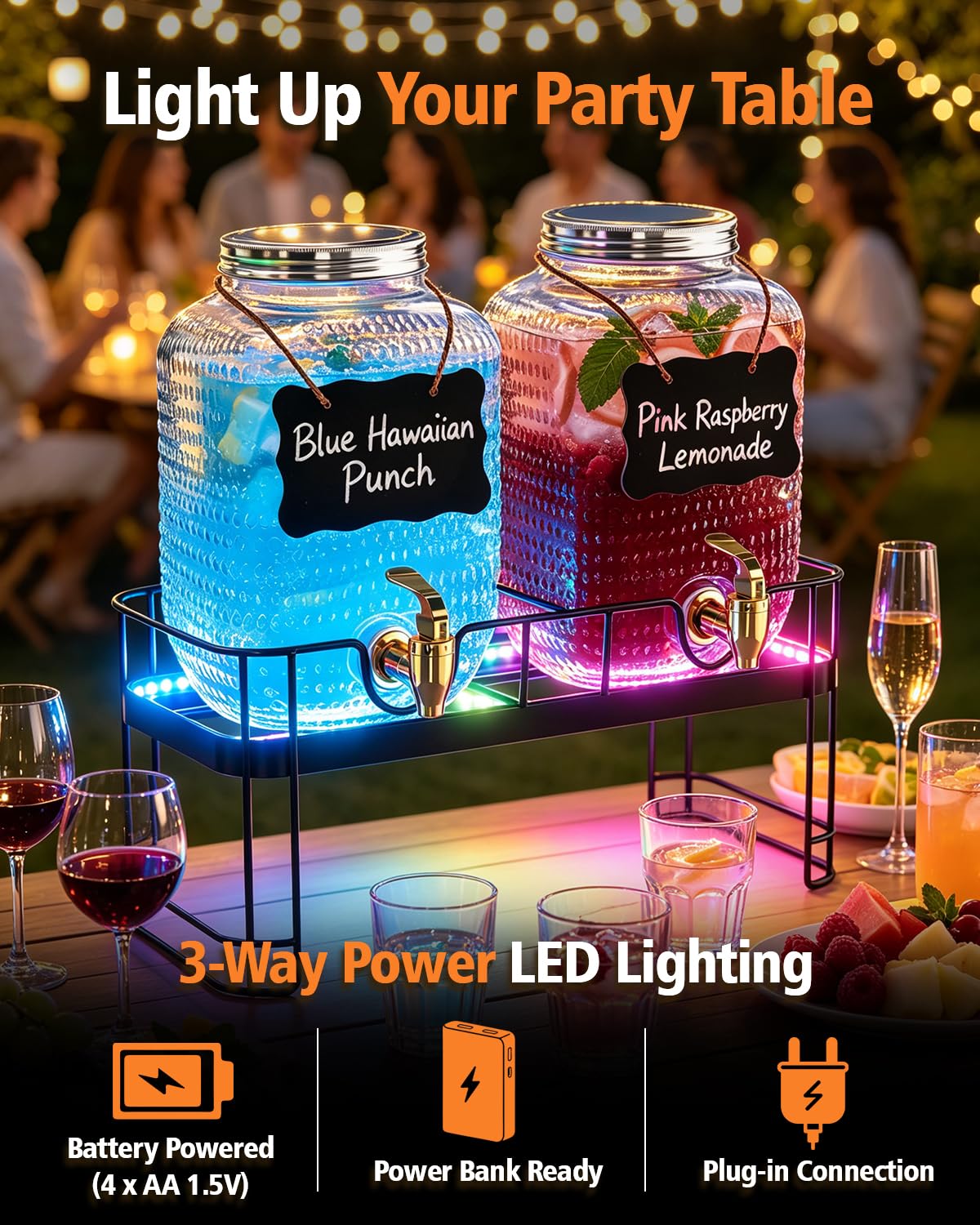 PAROTO Glass Drink Dispensers for Parties, 2 Pack 1 Gallon Each Beverage Dispenser with Stand and LED Strip Light, Juice Lemonade Water Dispenser with Spigot for Wedding, Bar, Picnic, BBQ, Buffet