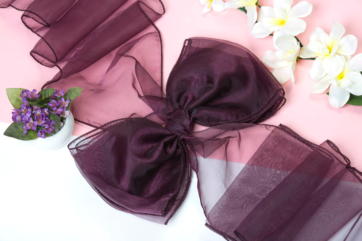 MDS® Pack of 25 Organza Chair Sashes for Wedding Decoration, Reusable Sheer Chair Bows for Banquet Chair Cover, Reception, Bridal Shower, Baby Shower, Birthday Party & Special Events - Plum